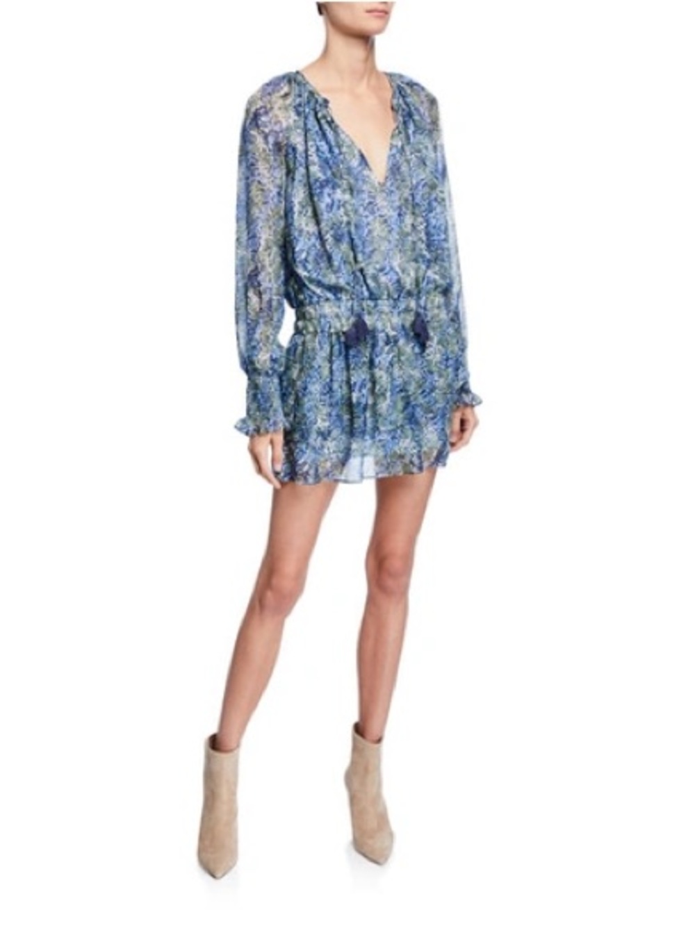 Ramy Brook Brinley Tassel tie long-sleeved smocked waste Mini Dress SMALL
